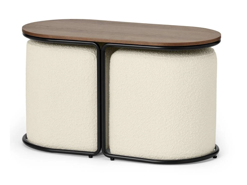 Table Basse + 2 Poufs En Tissu Bouclette - Naturel Et Blanc - ADAR 6 Table Basse + 2 Poufs En Tissu Bouclette - Naturel Et Blanc - ADAR â Image 4