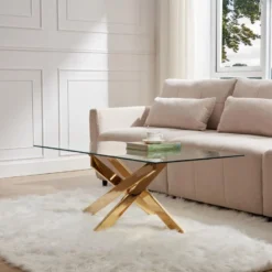 Table Basse En Verre Trempé Et Métal Doré - Transparent - COSIMA