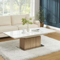 Table Extensible Et Relevable 2 En 1 - MDF Et Acier Inoxydable - Naturel Et Blanc - CAPANI -Pas Cher Mobiliora Magasin table a manger 19573151