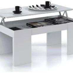 Table Basse à Plateau Relevable Coloris Blanc Brillant - Dim : 100 X 50 X 42 Cm