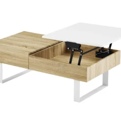 Table Basse Avec Plateau Relevable Et 1 Tiroir - MDF Et Acier - Naturel Et Blanc - BALUN -Pas Cher Mobiliora Magasin table basse 10696481