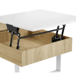 Table Basse Avec Plateau Relevable Et 1 Tiroir - MDF Et Acier - Naturel Et Blanc - BALUN -Pas Cher Mobiliora Magasin table basse 10696505