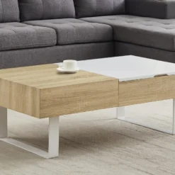 Table Basse Avec Plateau Relevable Et 1 Tiroir - MDF Et Acier - Naturel Et Blanc - BALUN -Pas Cher Mobiliora Magasin table basse 10696513