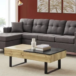 Table Basse Avec Plateau Relevable Et 1 Tiroir - MDF Et Acier - Naturel Et Noir - BALUN