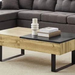 Table Basse Avec Plateau Relevable Et 1 Tiroir - MDF Et Acier - Naturel Et Noir - BALUN -Pas Cher Mobiliora Magasin table basse 10702769