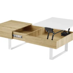 Table Basse Avec Plateau Relevable Et 1 Tiroir - MDF Et Acier - Naturel Et Blanc - BALUN -Pas Cher Mobiliora Magasin table basse 10702811