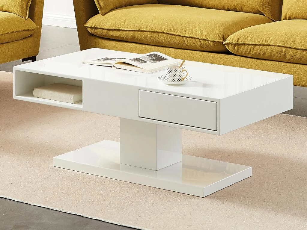 Table Basse Avec Plateau Pivotant, 2 Tiroirs Et 2 Niches - MDF - Blanc Laqué - ILYA 4 Table Basse Avec Plateau Pivotant, 2 Tiroirs Et 2 Niches - MDF - Blanc Laqué - ILYA – Image 2