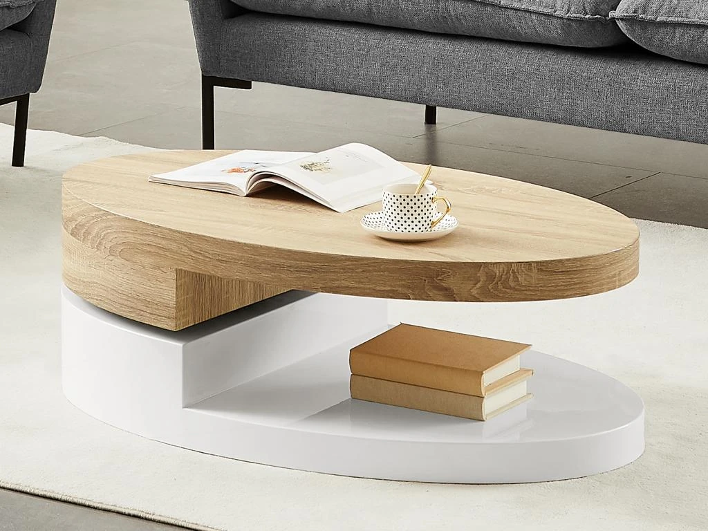Table Basse Avec Plateau Pivotant - MDF - Naturel Et Blanc - VITALY 4 Table Basse Avec Plateau Pivotant - MDF - Naturel Et Blanc - VITALY – Image 2