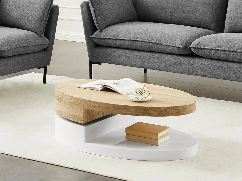 Table Basse Avec Plateau Pivotant - MDF - Naturel Et Blanc - VITALY 3 Table Basse Avec Plateau Pivotant - MDF - Naturel Et Blanc - VITALY
