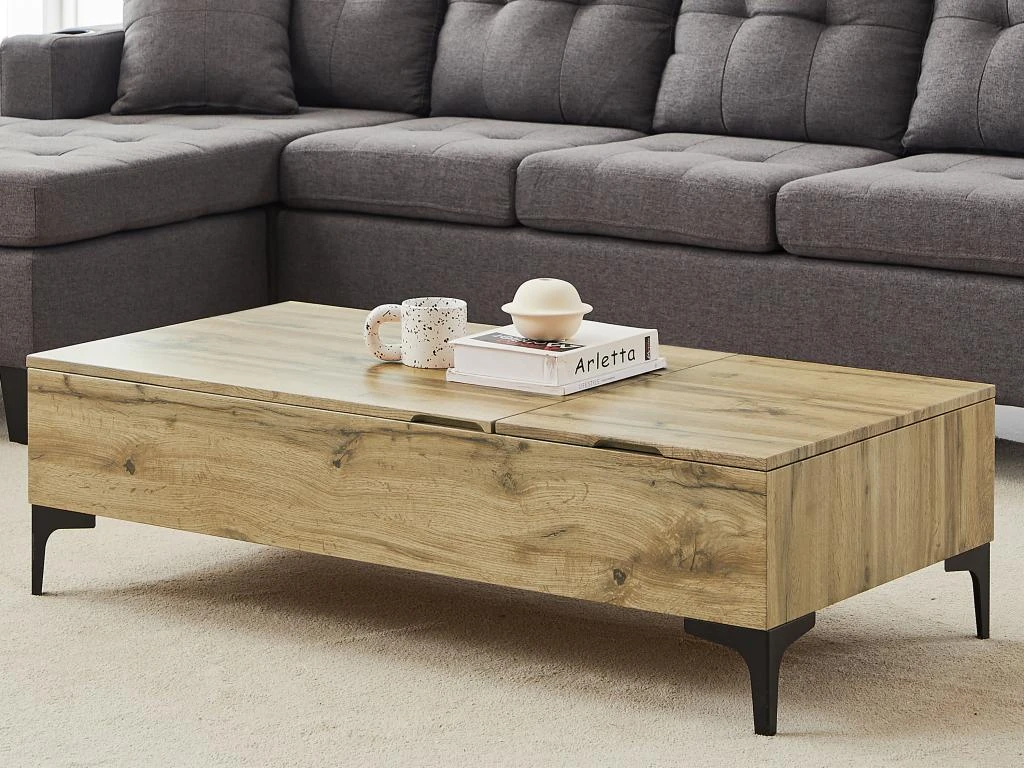 Table Basse Avec 2 Plateaux Relevables Et 1 Porte - MDF Et Acier - Naturel Et Noir - KAYLINO 3 Table Basse Avec 2 Plateaux Relevables Et 1 Porte - MDF Et Acier - Naturel Et Noir - KAYLINO