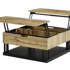 Table Basse Avec 2 Plateaux Relevables - MDF Et Acier - Naturel Et Noir - BALERIN -Pas Cher Mobiliora Magasin table basse 10735413