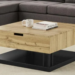 Table Basse Avec 2 Plateaux Relevables - MDF Et Acier - Naturel Et Noir - BALERIN -Pas Cher Mobiliora Magasin table basse 10735425