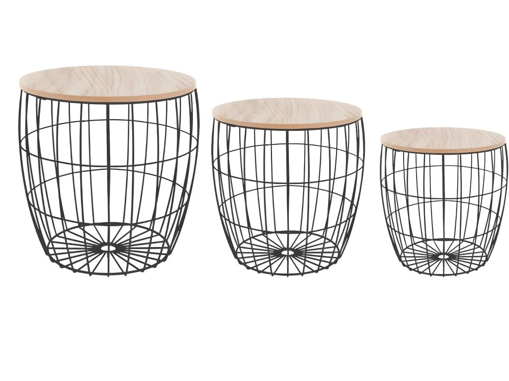 Lot De 3 Tables à Café En Bois Clair Et Métal Noir 3 Lot De 3 Tables à Café En Bois Clair Et Métal Noir