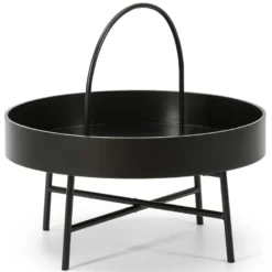 Table Basse Ronde Manila Avec Plateau En MDF Noir Et Structure Métallique Noir Mat