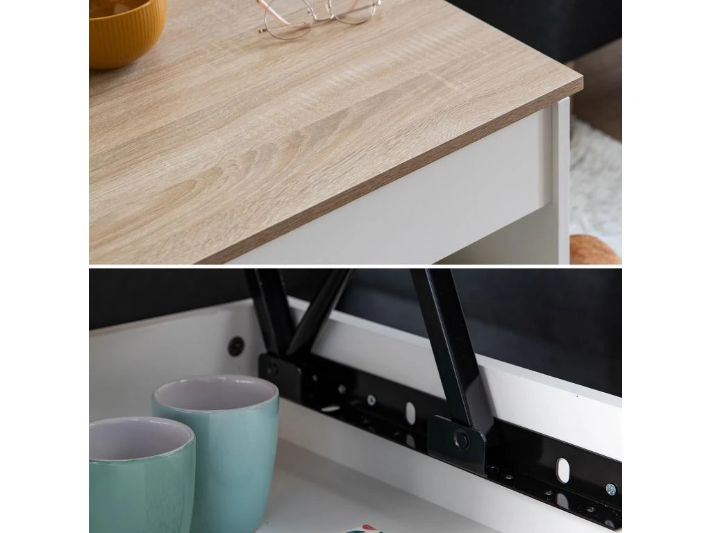 Table Basse Avec Plateau Relevable Blanche Et Bois HEDDA - HAPPY GARDEN 6 Table Basse Avec Plateau Relevable Blanche Et Bois HEDDA - HAPPY GARDEN – Image 4