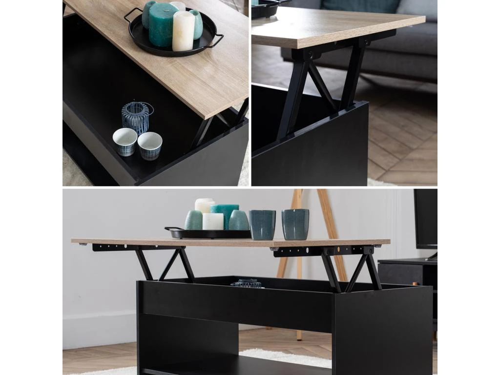 Table Basse Avec Plateau Relevable Noire Et Bois HEDDA - HAPPY GARDEN 6 Table Basse Avec Plateau Relevable Noire Et Bois HEDDA - HAPPY GARDEN â Image 4