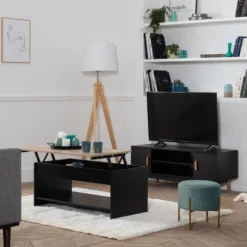 Table Basse Avec Plateau Relevable Noire Et Bois HEDDA - HAPPY GARDEN 13 Table Basse Avec Plateau Relevable Noire Et Bois HEDDA - HAPPY GARDEN -Pas Cher Mobiliora Magasin table basse 10779807