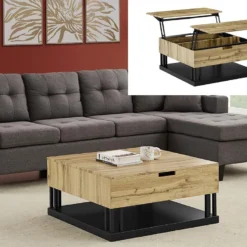 Table Basse Avec 2 Plateaux Relevables - MDF Et Acier - Naturel Et Noir - BALERIN -Pas Cher Mobiliora Magasin table basse 10790675