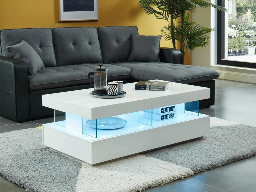 Table Basse 2 Tiroirs Et 2 Niches Avec LEDs - MDF Et Verre Trempé - Blanc Laqué - FABIO II 3 Table Basse 2 Tiroirs Et 2 Niches Avec LEDs - MDF Et Verre Trempé - Blanc Laqué - FABIO II