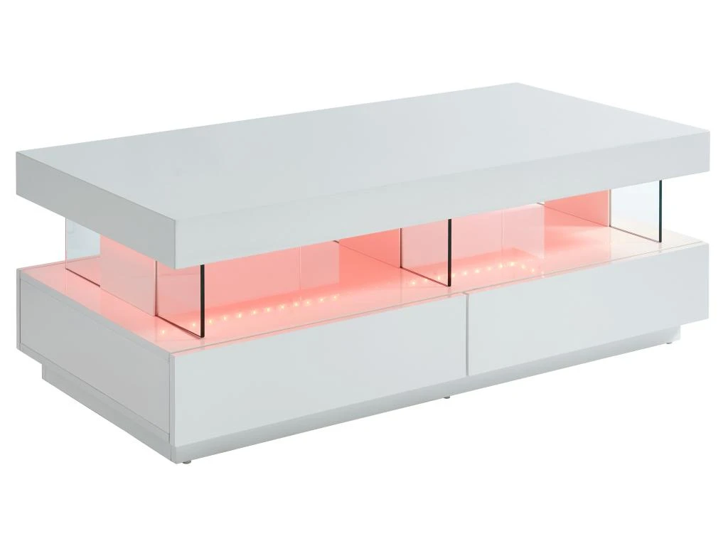 Table Basse 2 Tiroirs Et 2 Niches Avec LEDs - MDF Et Verre Trempé - Blanc Laqué - FABIO II 5 Table Basse 2 Tiroirs Et 2 Niches Avec LEDs - MDF Et Verre Trempé - Blanc Laqué - FABIO II – Image 3