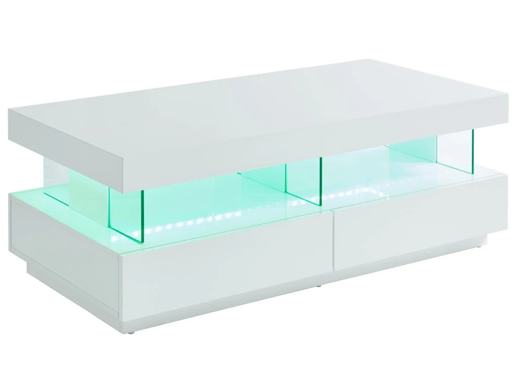 Table Basse 2 Tiroirs Et 2 Niches Avec LEDs - MDF Et Verre Trempé - Blanc Laqué - FABIO II 6 Table Basse 2 Tiroirs Et 2 Niches Avec LEDs - MDF Et Verre Trempé - Blanc Laqué - FABIO II – Image 4