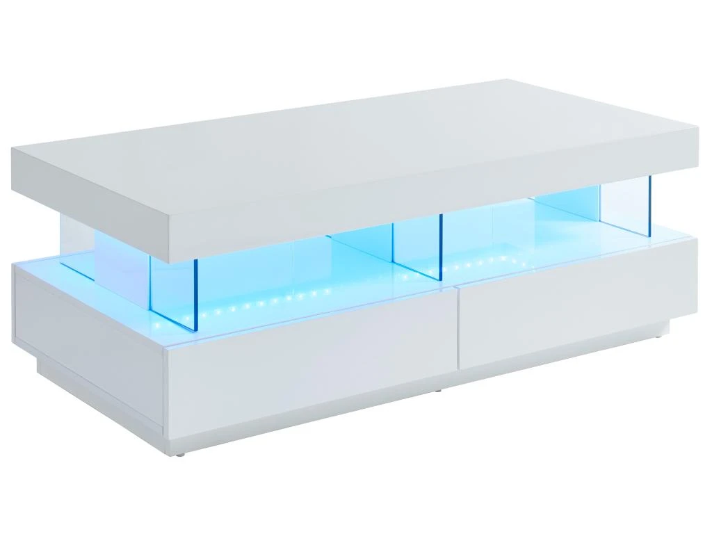 Table Basse 2 Tiroirs Et 2 Niches Avec LEDs - MDF Et Verre Trempé - Blanc Laqué - FABIO II 7 Table Basse 2 Tiroirs Et 2 Niches Avec LEDs - MDF Et Verre Trempé - Blanc Laqué - FABIO II – Image 5