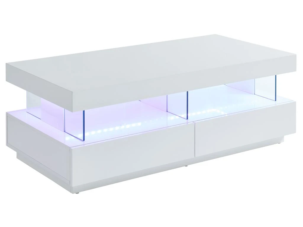 Table Basse 2 Tiroirs Et 2 Niches Avec LEDs - MDF Et Verre Trempé - Blanc Laqué - FABIO II 4 Table Basse 2 Tiroirs Et 2 Niches Avec LEDs - MDF Et Verre Trempé - Blanc Laqué - FABIO II – Image 2