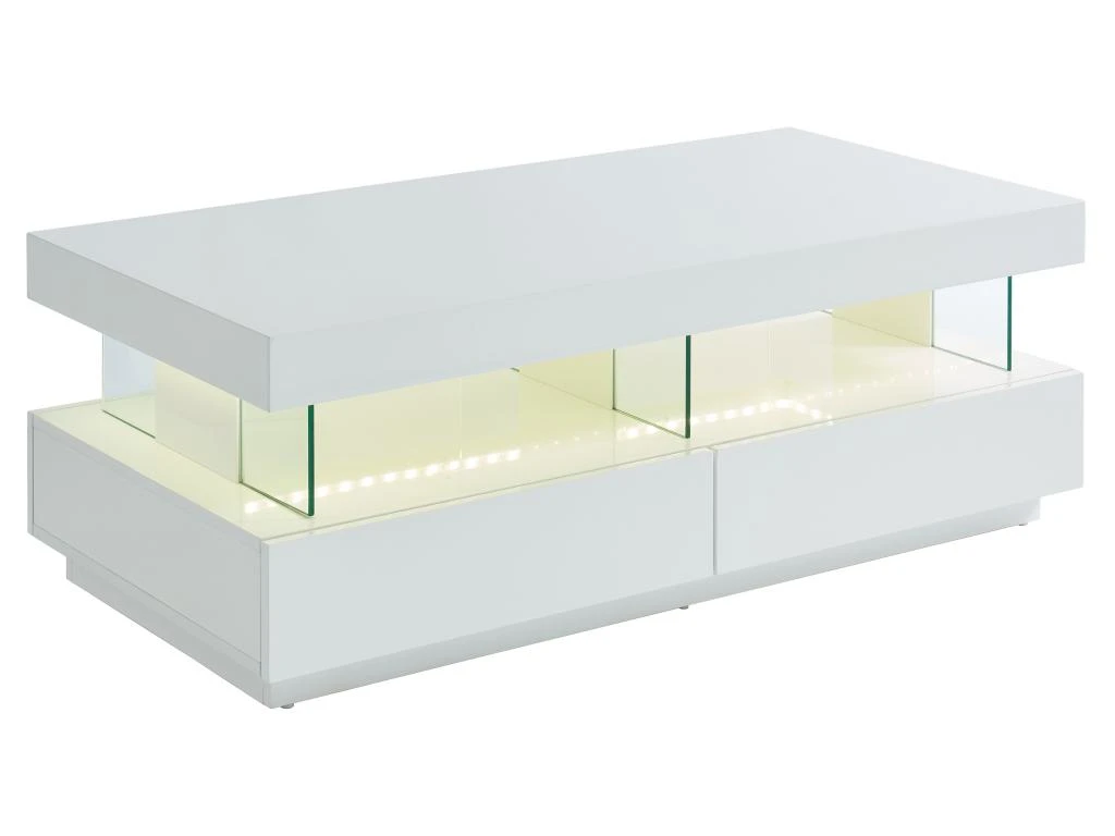 Table Basse 2 Tiroirs Et 2 Niches Avec LEDs - MDF Et Verre Trempé - Blanc Laqué - FABIO II 8 Table Basse 2 Tiroirs Et 2 Niches Avec LEDs - MDF Et Verre Trempé - Blanc Laqué - FABIO II – Image 6