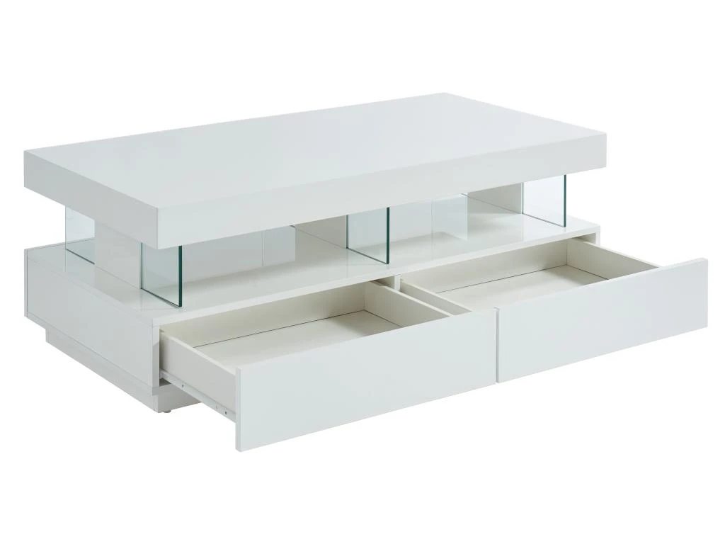 Table Basse 2 Tiroirs Et 2 Niches Avec LEDs - MDF Et Verre Trempé - Blanc Laqué - FABIO II 9 Table Basse 2 Tiroirs Et 2 Niches Avec LEDs - MDF Et Verre Trempé - Blanc Laqué - FABIO II – Image 7