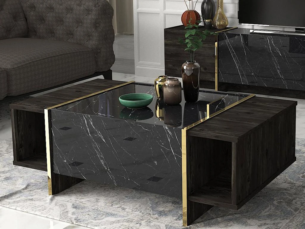 Table Basse Avec 1 Porte Et 2 Niches - Effet Marbre Noir, Naturel Foncé Et Doré - CADEBA II 3 Table Basse Avec 1 Porte Et 2 Niches - Effet Marbre Noir, Naturel Foncé Et Doré - CADEBA II