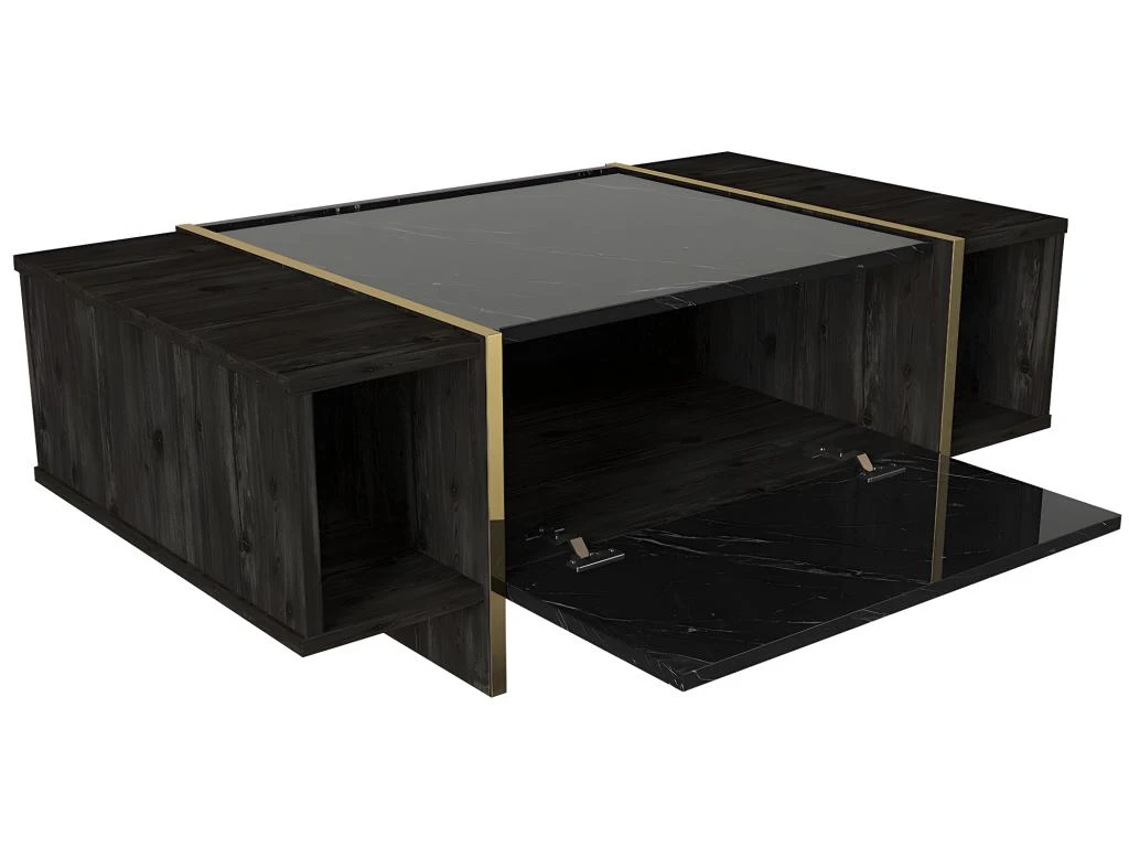Table Basse Avec 1 Porte Et 2 Niches - Effet Marbre Noir, Naturel Foncé Et Doré - CADEBA II 7 Table Basse Avec 1 Porte Et 2 Niches - Effet Marbre Noir, Naturel Foncé Et Doré - CADEBA II – Image 5
