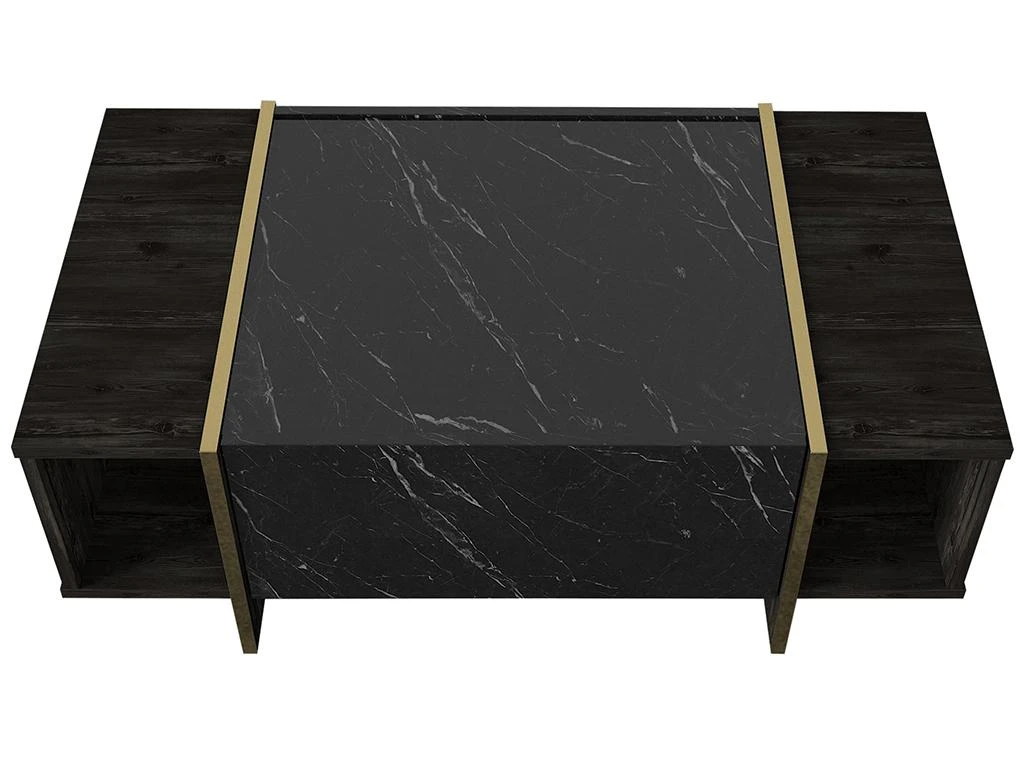 Table Basse Avec 1 Porte Et 2 Niches - Effet Marbre Noir, Naturel Foncé Et Doré - CADEBA II 8 Table Basse Avec 1 Porte Et 2 Niches - Effet Marbre Noir, Naturel Foncé Et Doré - CADEBA II – Image 6