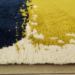 Ensemble Table Basse Dorée CHARLOTTE Et Tapis Bleu, Moutarde Et Gris CAMDEN -Pas Cher Mobiliora Magasin table basse 10888693