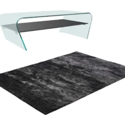 Ensemble Table Basse Transparent Et Noir KELLY Et Tapis Shaggy Anthracite DOLCE