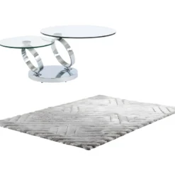 Ensemble Table Basse Plateau Pivotant Transparent JOLINE Et Tapis Shaggy Gris MAZE