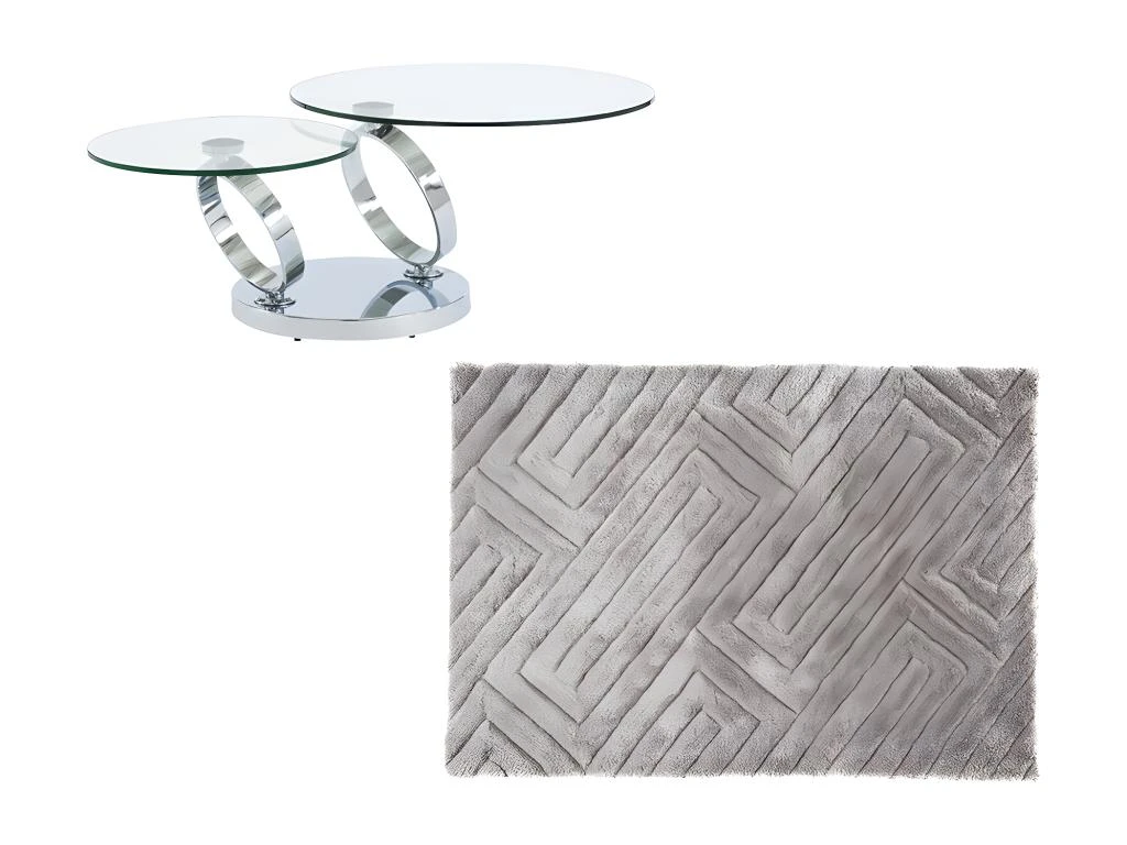 Ensemble Table Basse Plateau Pivotant Transparent JOLINE Et Tapis Shaggy Gris MAZE 4 Ensemble Table Basse Plateau Pivotant Transparent JOLINE Et Tapis Shaggy Gris MAZE â Image 2