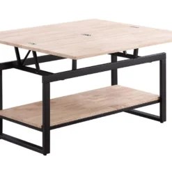 Table Basse Relevable Et Extensible En Bois De ChĂȘne Avec Pieds En MĂ©tal Noir-Longueur 100 X Profondeur 45-90 X Hauteur 47-62 Cm