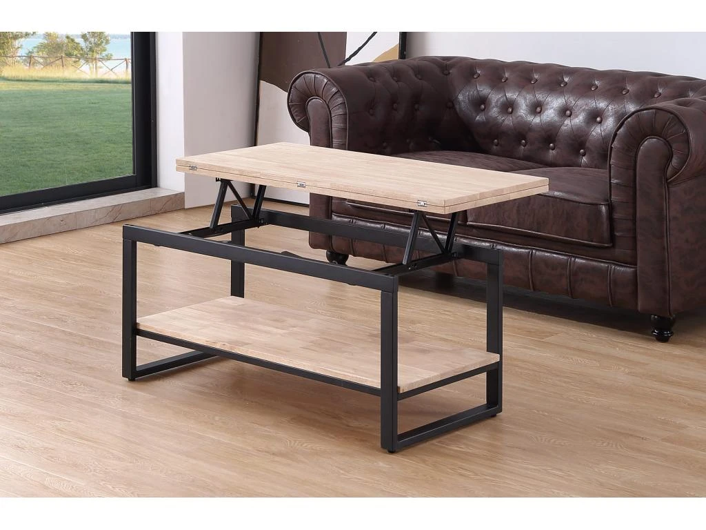 Table Basse Relevable Et Extensible En Bois De Chêne Avec Pieds En Métal Noir-Longueur 100 X Profondeur 45-90 X Hauteur 47-62 Cm 5 Table Basse Relevable Et Extensible En Bois De Chêne Avec Pieds En Métal Noir-Longueur 100 X Profondeur 45-90 X Hauteur 47-62 Cm – Image 3