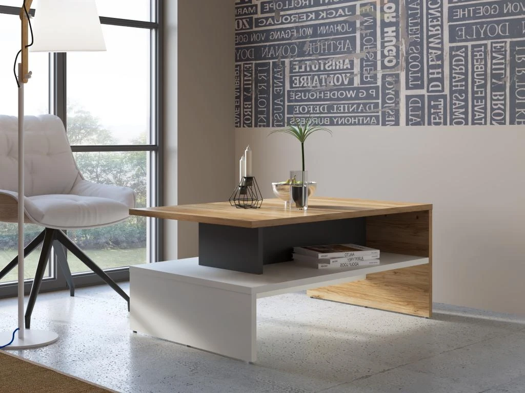 Table Basse Double Plateau - Naturel Et Blanc - NISUKA 3 Table Basse Double Plateau - Naturel Et Blanc - NISUKA