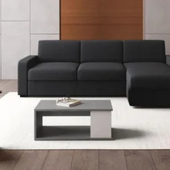 Table Basse ALDANA - Plateau Relevable - Bois & MDF - Béton Et Blanc