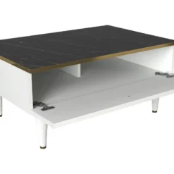 Table D’appoint Tamesis Design Panneau De Particules Plaqué Mélaminé En Couleur Blanc Or Noir. 90x60x42,3cm