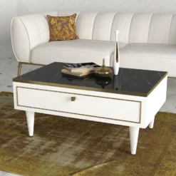 Table D’appoint Tamesis Design Panneau De Particules Plaqué Mélaminé En Couleur Blanc Or Noir. 90x60x42,3cm -Pas Cher Mobiliora Magasin table basse 12359001