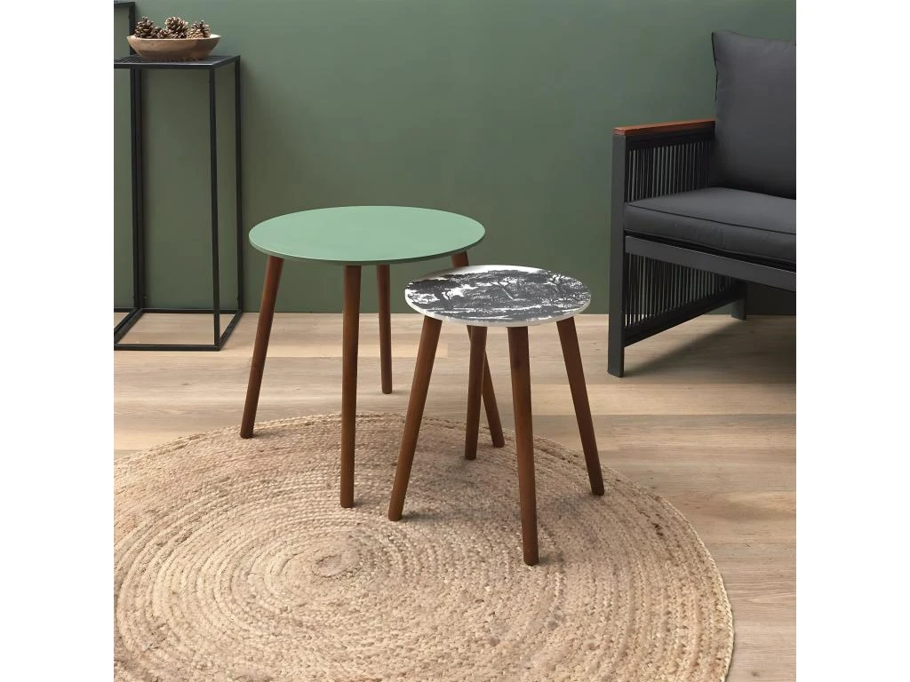VOSSA - Duo De Tables Gigognes Coloris Vert Et Motif Forêt 4 VOSSA - Duo De Tables Gigognes Coloris Vert Et Motif Forêt – Image 2