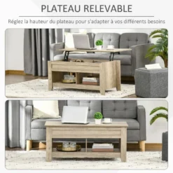 Table Basse Rectangulaire Plateau Relevable 2 Niches Et Coffre Panneaux Particules Aspect Chêne Clair -Pas Cher Mobiliora Magasin table basse 12629561