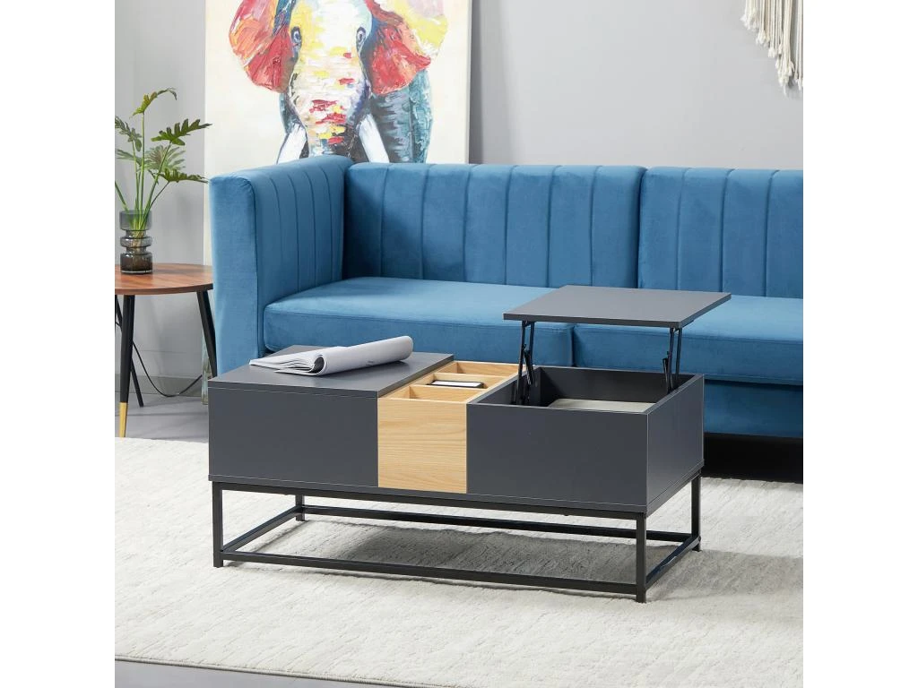 Table Basse Relevable Double Plateau Multi-rangement - Dim. 100L X 50l X 42H Cm - Acier Panneaux Coloris Pin Gris 3 Table Basse Relevable Double Plateau Multi-rangement - Dim. 100L X 50l X 42H Cm - Acier Panneaux Coloris Pin Gris