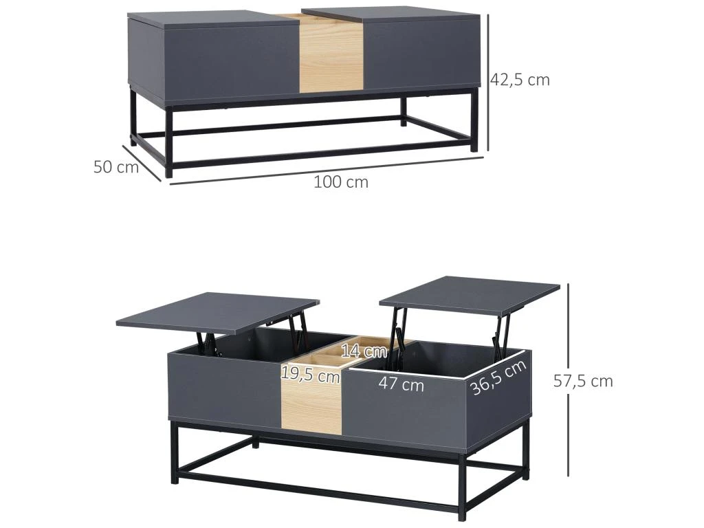 Table Basse Relevable Double Plateau Multi-rangement - Dim. 100L X 50l X 42H Cm - Acier Panneaux Coloris Pin Gris 5 Table Basse Relevable Double Plateau Multi-rangement - Dim. 100L X 50l X 42H Cm - Acier Panneaux Coloris Pin Gris – Image 3