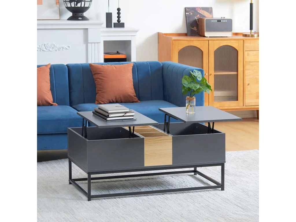 Table Basse Relevable Double Plateau Multi-rangement - Dim. 100L X 50l X 42H Cm - Acier Panneaux Coloris Pin Gris 6 Table Basse Relevable Double Plateau Multi-rangement - Dim. 100L X 50l X 42H Cm - Acier Panneaux Coloris Pin Gris – Image 4