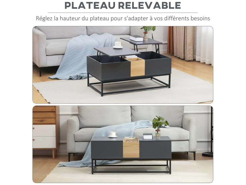 Table Basse Relevable Double Plateau Multi-rangement - Dim. 100L X 50l X 42H Cm - Acier Panneaux Coloris Pin Gris 7 Table Basse Relevable Double Plateau Multi-rangement - Dim. 100L X 50l X 42H Cm - Acier Panneaux Coloris Pin Gris – Image 5