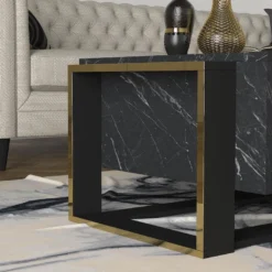 Table Basse Avec 1 Niche - Effet Marbre Noir Et Doré - COMEBI -Pas Cher Mobiliora Magasin table basse 12684295