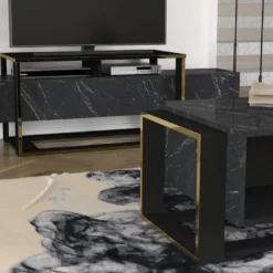 Table Basse Avec 1 Niche - Effet Marbre Noir Et Doré - COMEBI -Pas Cher Mobiliora Magasin table basse 12684297